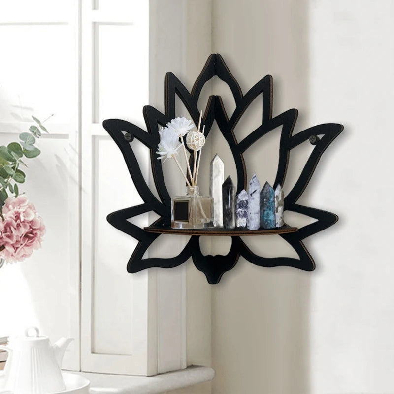 Wooden Lotus Corner Wall Shelf