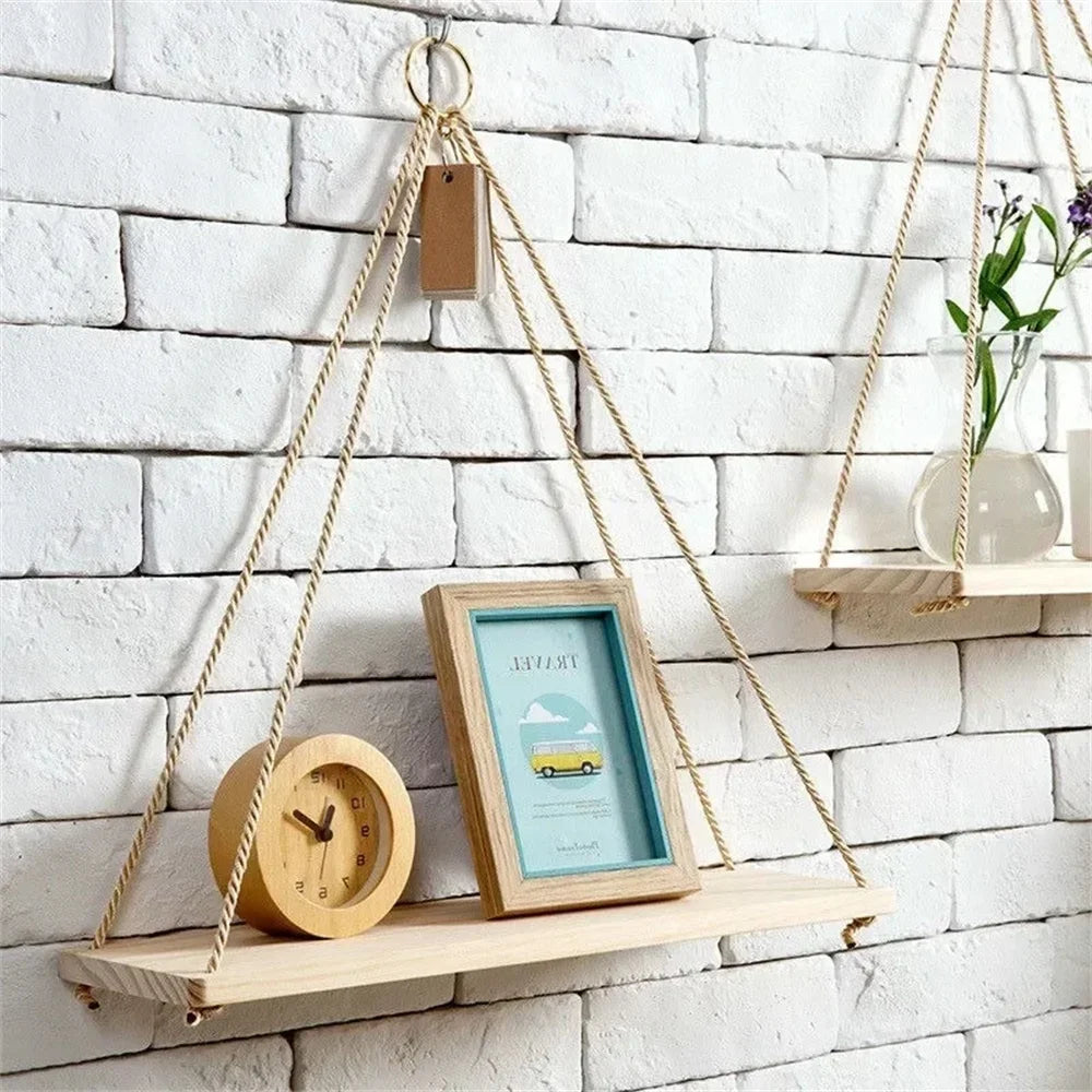 Wooden Rope Hanging Wall Shelf