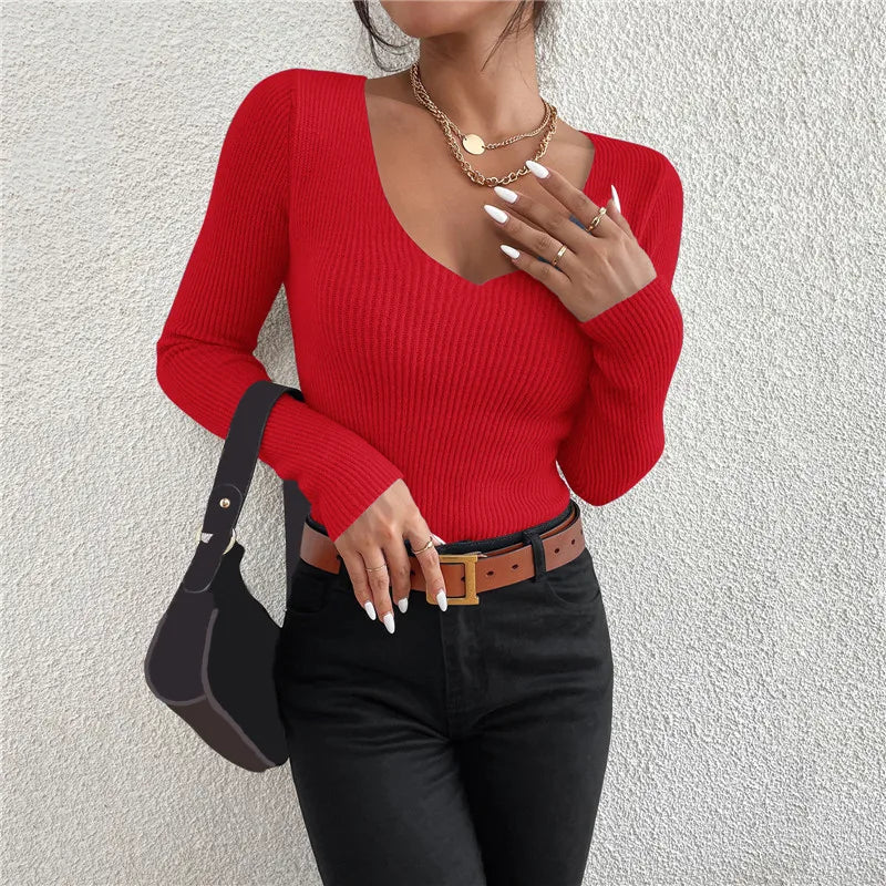 Women's Rib Knit V-Neck Striped Sweater