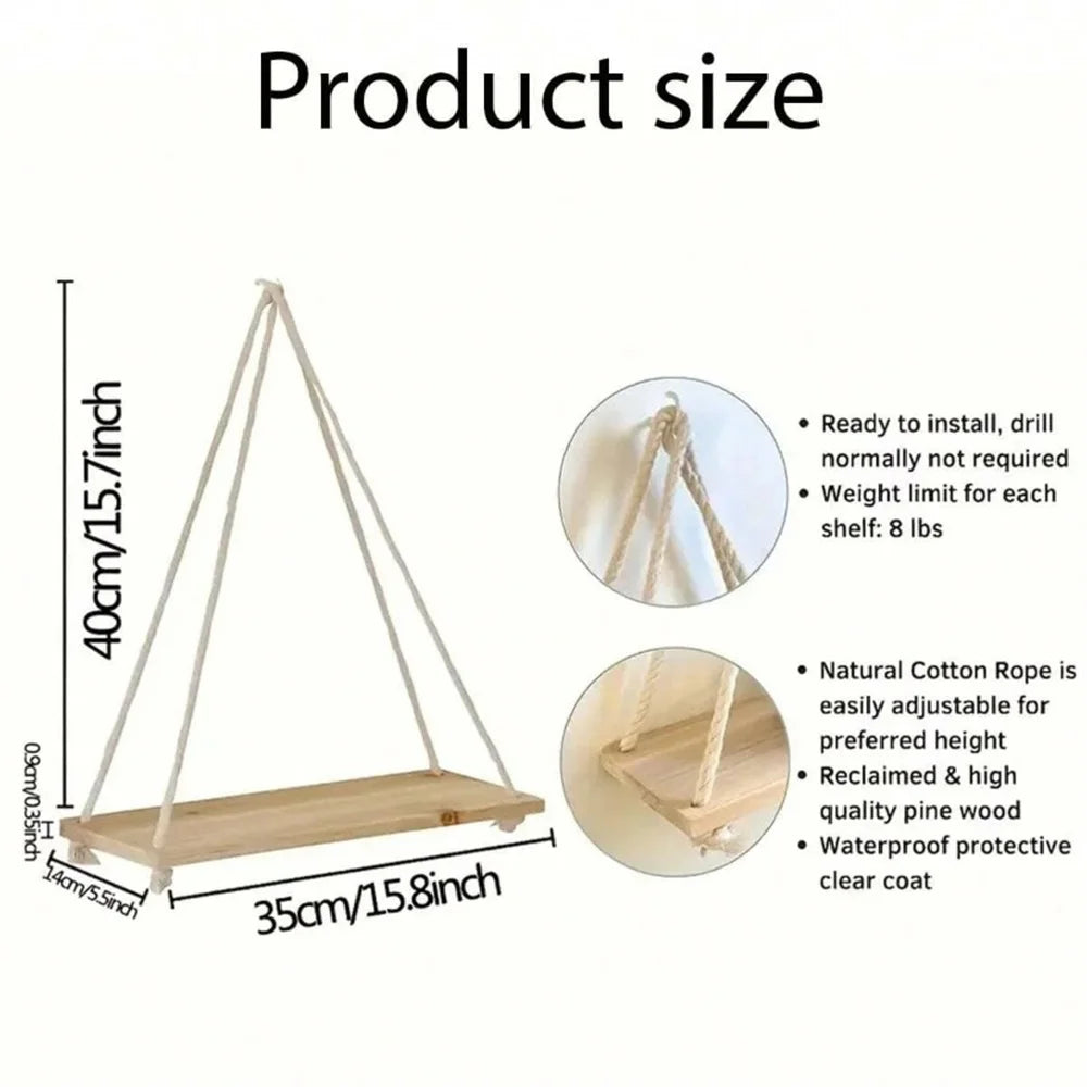Wooden Rope Hanging Wall Shelf
