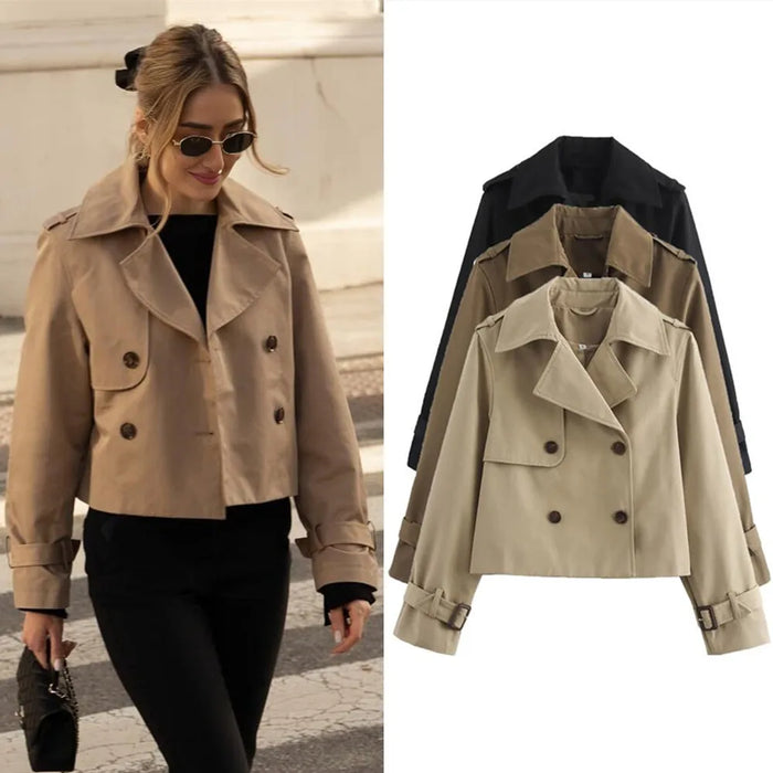 Women's Vintage Double-Breasted Cropped Trench