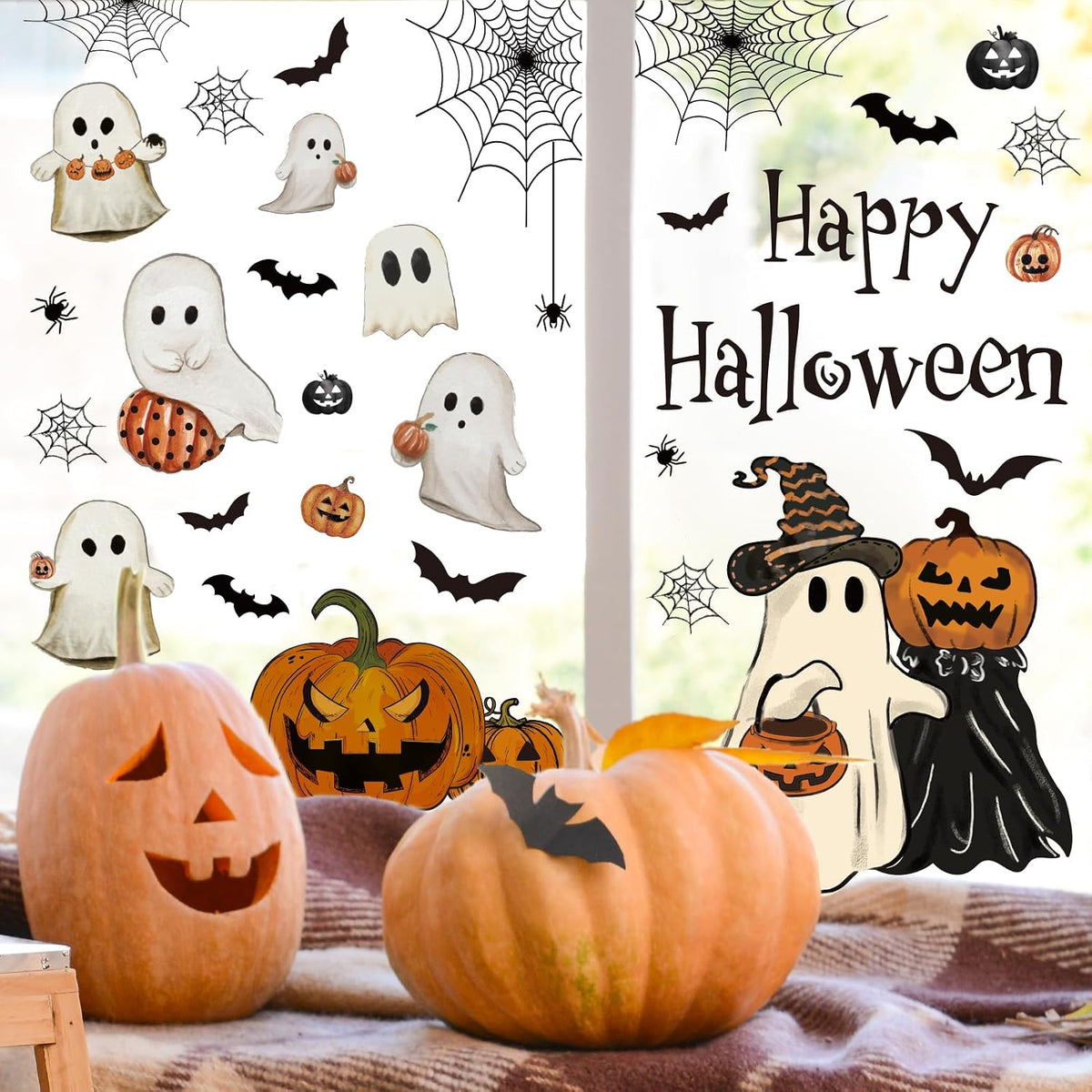 Halloween Window Clings (6 Sheets) – Vintage Ghost, Pumpkin & Bat Reusable Decals