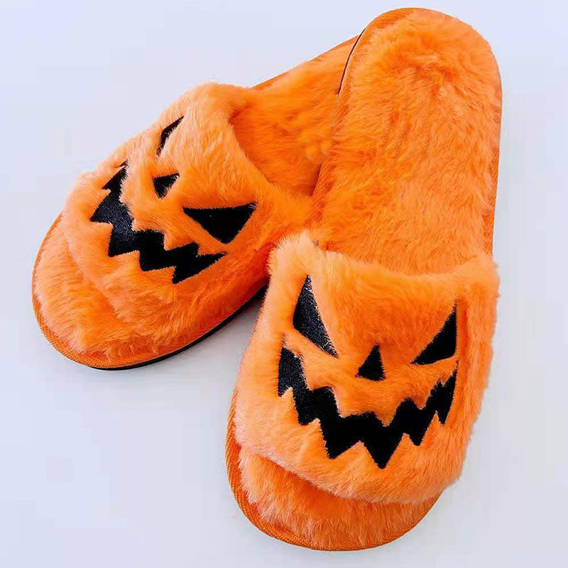 Halloween Pumpkin Face Fuzzy Slippers for Women – Cozy Plush Open-Toe House Slippers