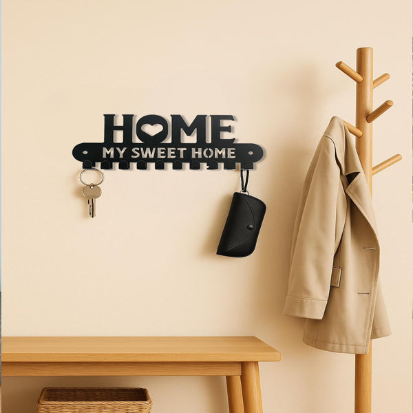 "Home Sweet Home" Metal Wall Key Holder with Hooks – Entryway Organizer & Holiday Decor