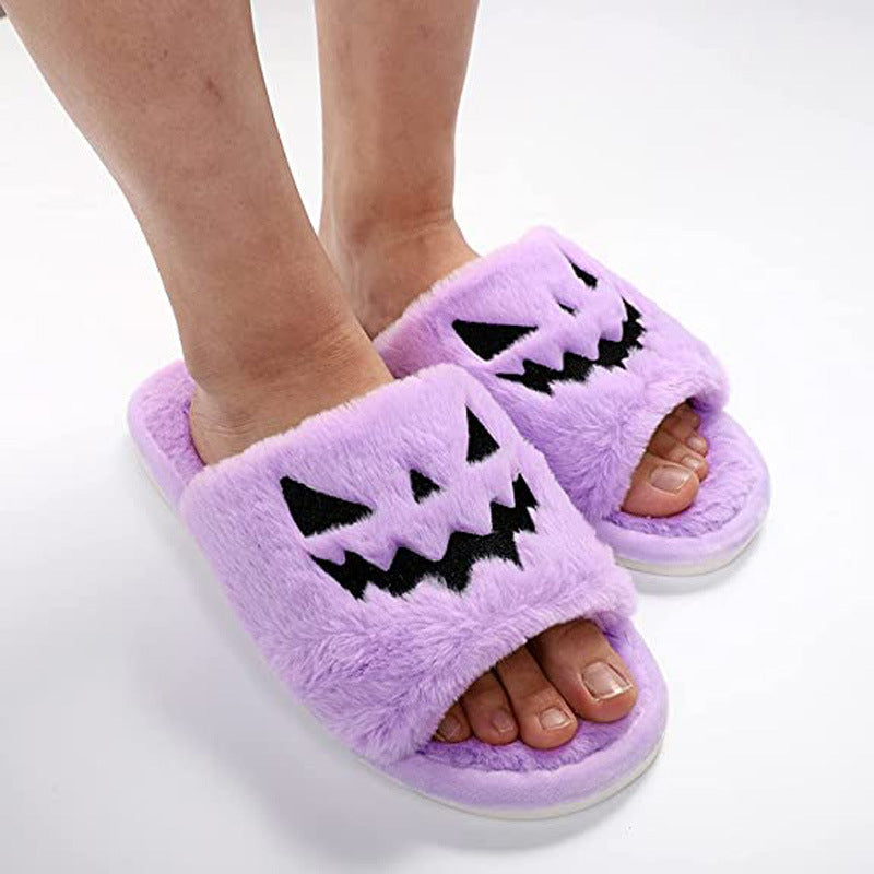 Halloween Pumpkin Face Fuzzy Slippers for Women – Cozy Plush Open-Toe House Slippers
