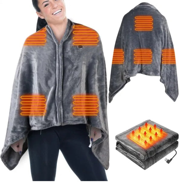 USB Heated Blanket Wrap 59x31 in – Wearable Electric Poncho Shawl with Zipper, Washable