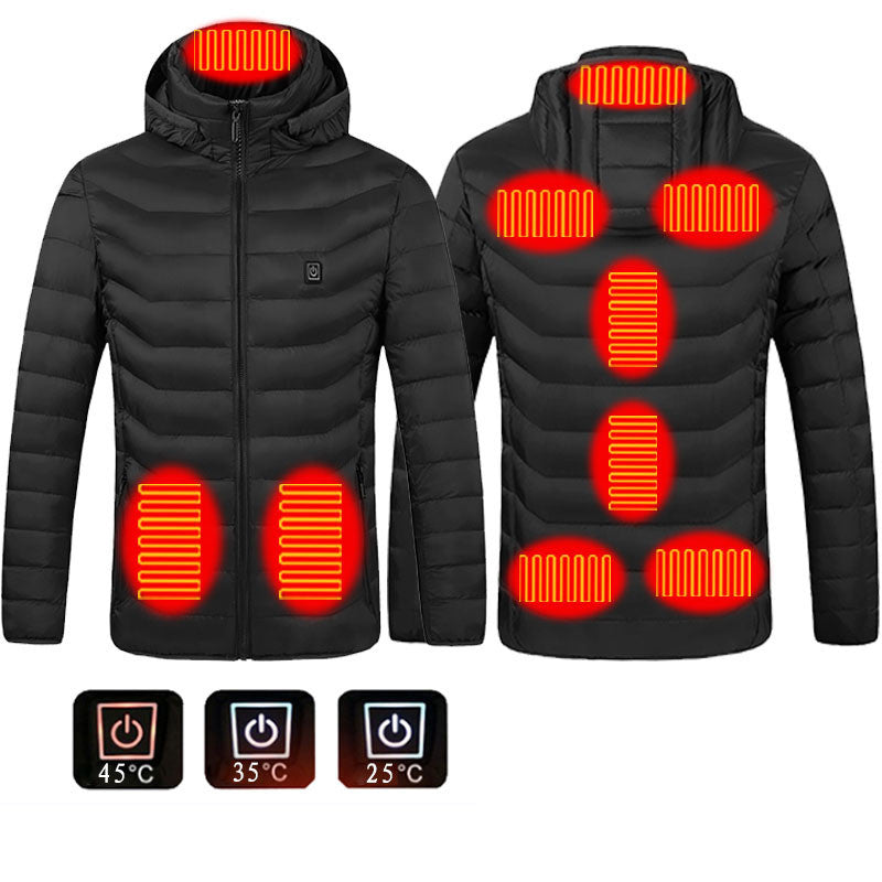 Men's USB Heated Jacket with Detachable Hood – 3 Heat Levels, 2–9 Heating Zones