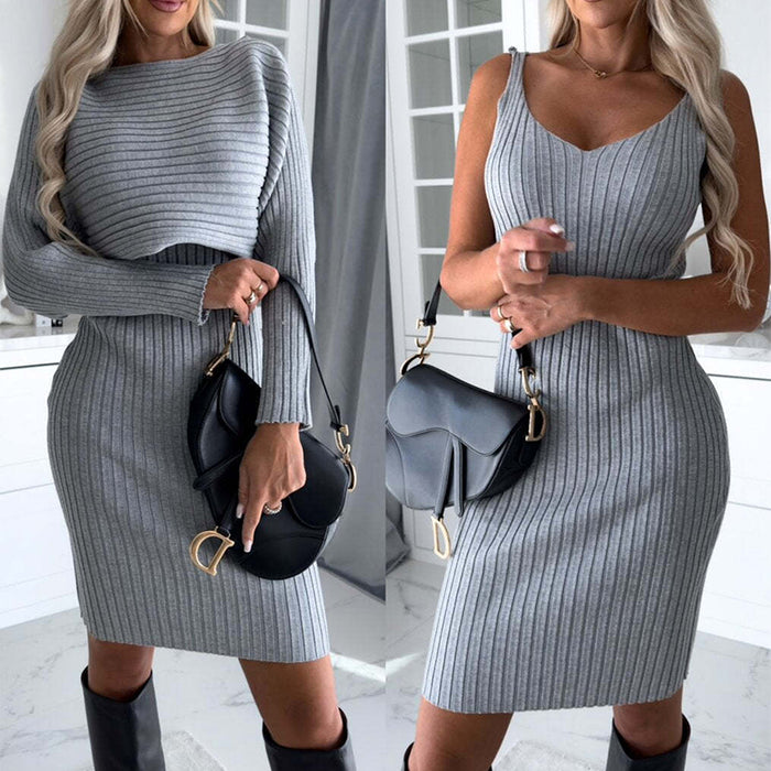 Women's Striped Long Sleeve Top & Suspender Skirt Set