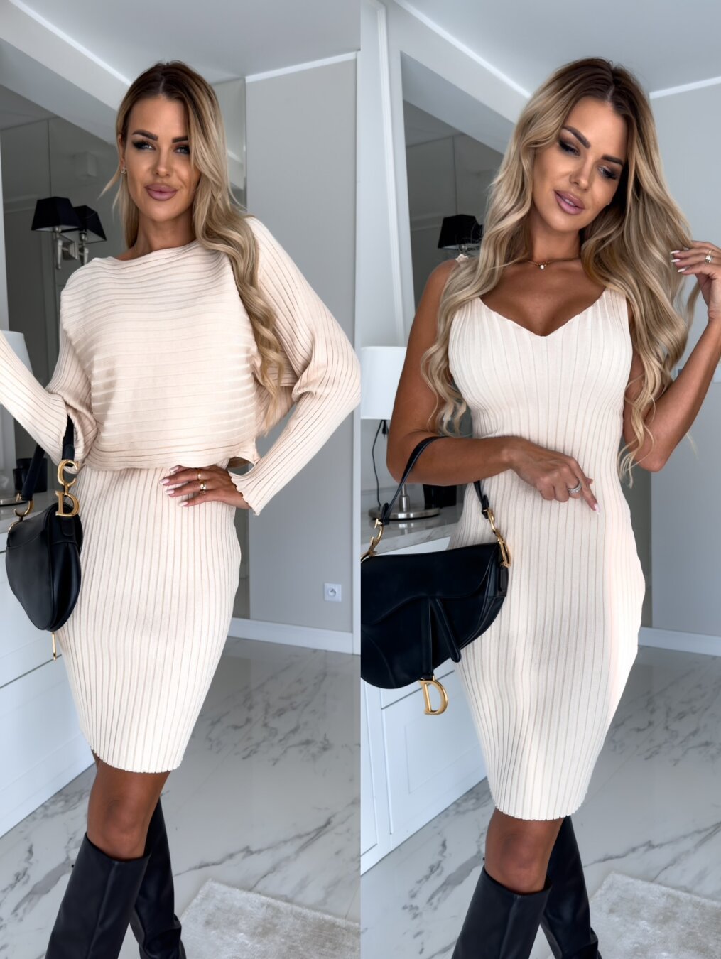 Women's Striped Long Sleeve Top & Suspender Skirt Set