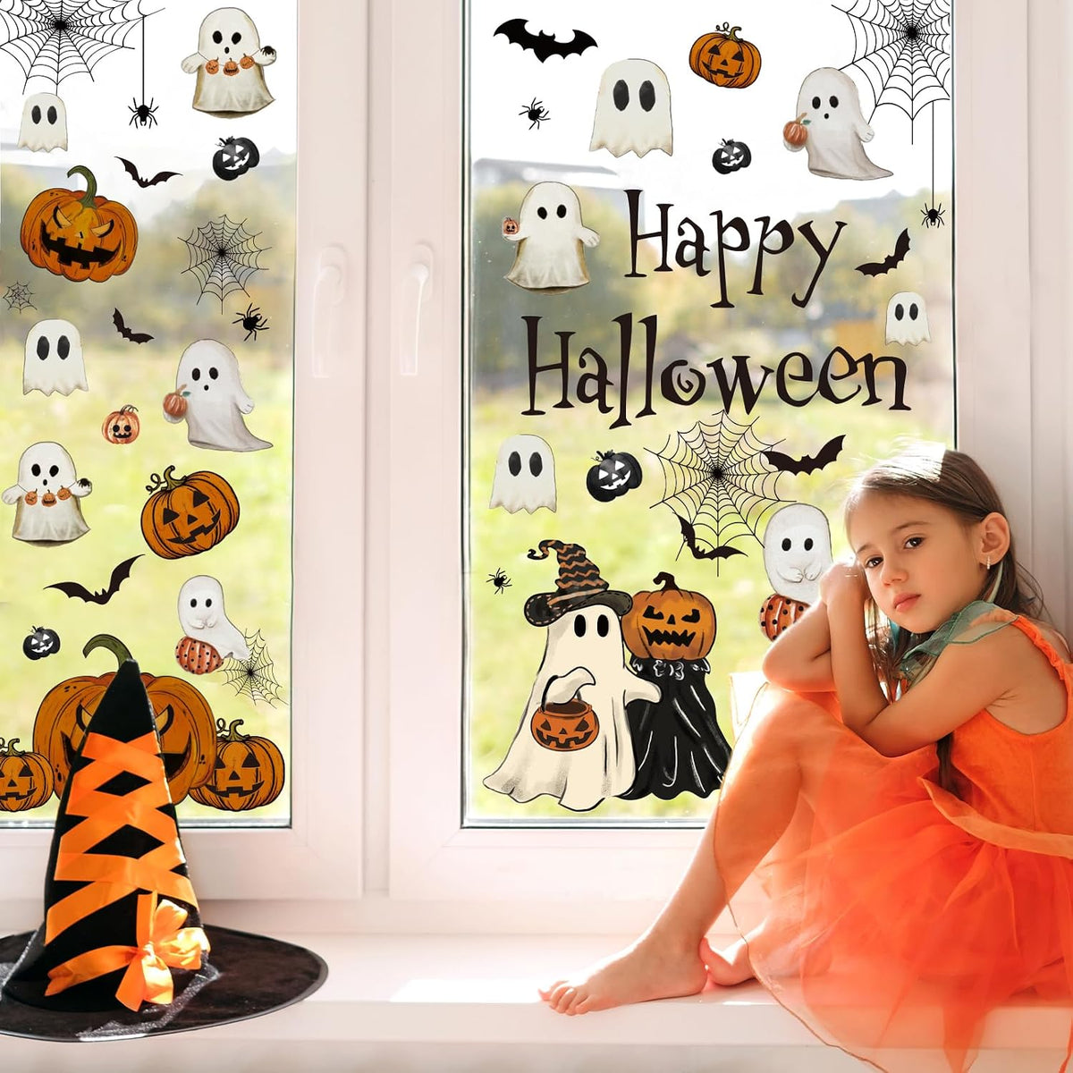 Halloween Window Clings (6 Sheets) – Vintage Ghost, Pumpkin & Bat Reusable Decals